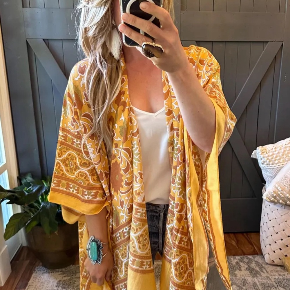 New Boho Lightweight Mustard Cardigan Kimono Top Cover Up Oversized Beach Denim - Picture 3 of 9